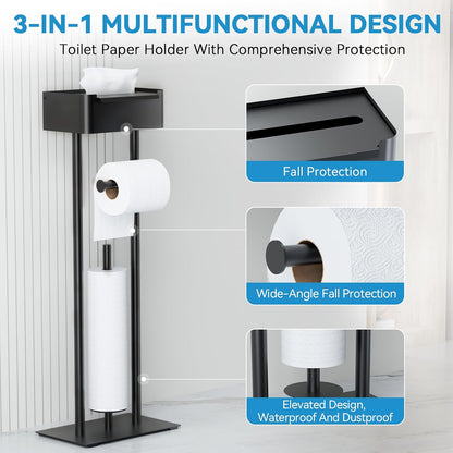 Toilet Paper Holder Free Standing - Toilet Paper Stand with Shelf | Storage for 4 Rolls- Bathroom Organizers, No Drill, for Large Toilet Rolls, 29.7 inch*12.6 inch (Matte Black)