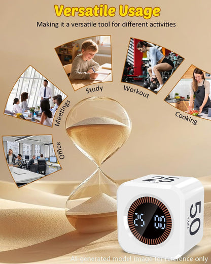 Digital Pomodoro Timer Cube 5/10/25/50min Preset, Silent & Sound Alarm | Visual Productivity Flip Timer for Kids Classroom Desk, Custom Countdown, Gravity Sensor, for ADHD Study Work Game Kitchen