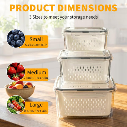 Berry keeper Fruit Storage Containers for Fridge with Removable Colander | 4 in 1 Food Storage Containers with Lids, Dishwasher Safe Easy to Clean, Keep Strawberry and Other Fruit Fresh Longer, 4PCS