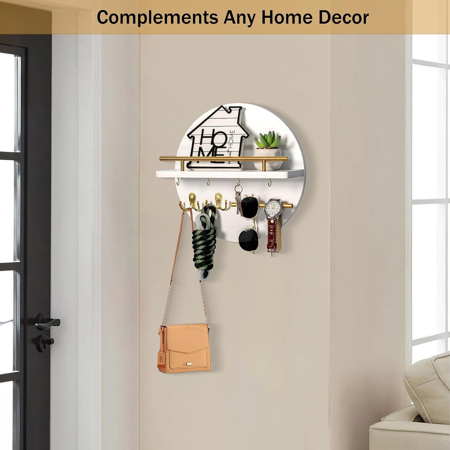 Key Holder for Wall Decorative with Shelf and Hooks, Mail Organizer Wall Mount with Sunglasses Holder, Circular Design Entryway Key Rack Hanger, Rustic Home Decor Boho Wall Decor (White)