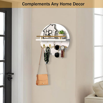 Key Holder for Wall Decorative with Shelf and Hooks, Mail Organizer Wall Mount with Sunglasses Holder, Circular Design Entryway Key Rack Hanger, Rustic Home Decor Boho Wall Decor (White)
