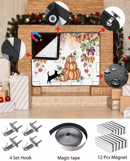 Fall Magnetic Fireplace Cover, Fireplace Draft Blocker, Pumpkins Cat Maple Leaf Thanksgiving Fireplaces Blanket for Heat Loss/Cold Air, Fireplaces Draft Stopper Cover for Inside 36''x27''