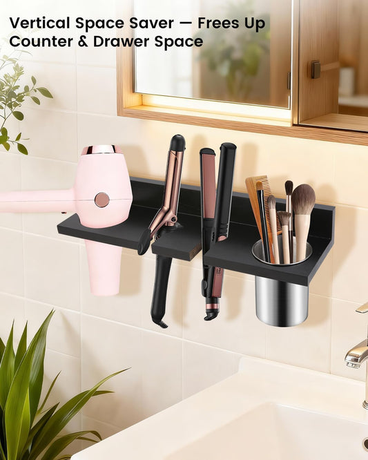 Hair Tool Organizer for Bathroom – Wall Mounted Hair Dryer Holder with Heat-Resistant Cups, Curling Iron & Straightener Rack, Blow Dryer Organizer for Vanity or Wall (Black)