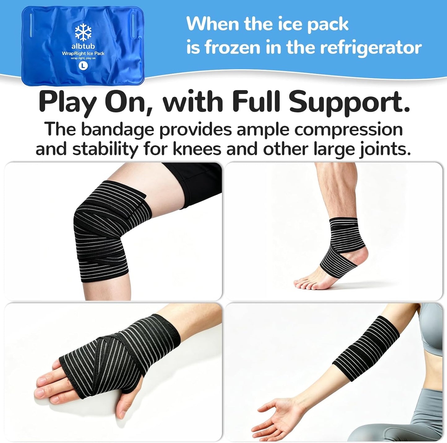 WrapRight Large Ice Pack for Injuries Reusable with Bandage for Knee | Hands-free Cold Therapy, 10"×16" L-Size for Ankle, Leg, Shoulder, Back, Flexible Gel, Dual-sided for Sensitive Skin