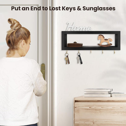 Lwenki Wall Shelf with Hooks - Decorative Key and Wallet Holder for Wall Holds Sunglasses, Leashes, Scarves and Lanyards - 15.7" x 5.1" x 2.9" Entryway Organizer Made of Paulownia Wood (White)