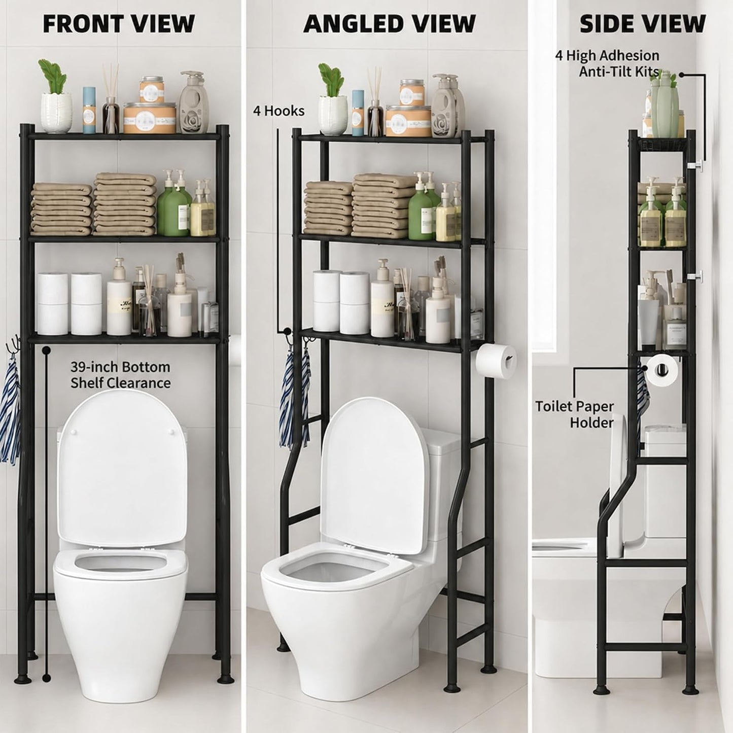 GloTika 3-Tier Over Toilet Storage, Anti-Tilt, 64" H, Black | Anti-Tilt Safety System, 150lb Capacity, Carbon Steel, Freestanding, No Drilling, Anti-Rust Coating, Paper Holder & 4 Hooks