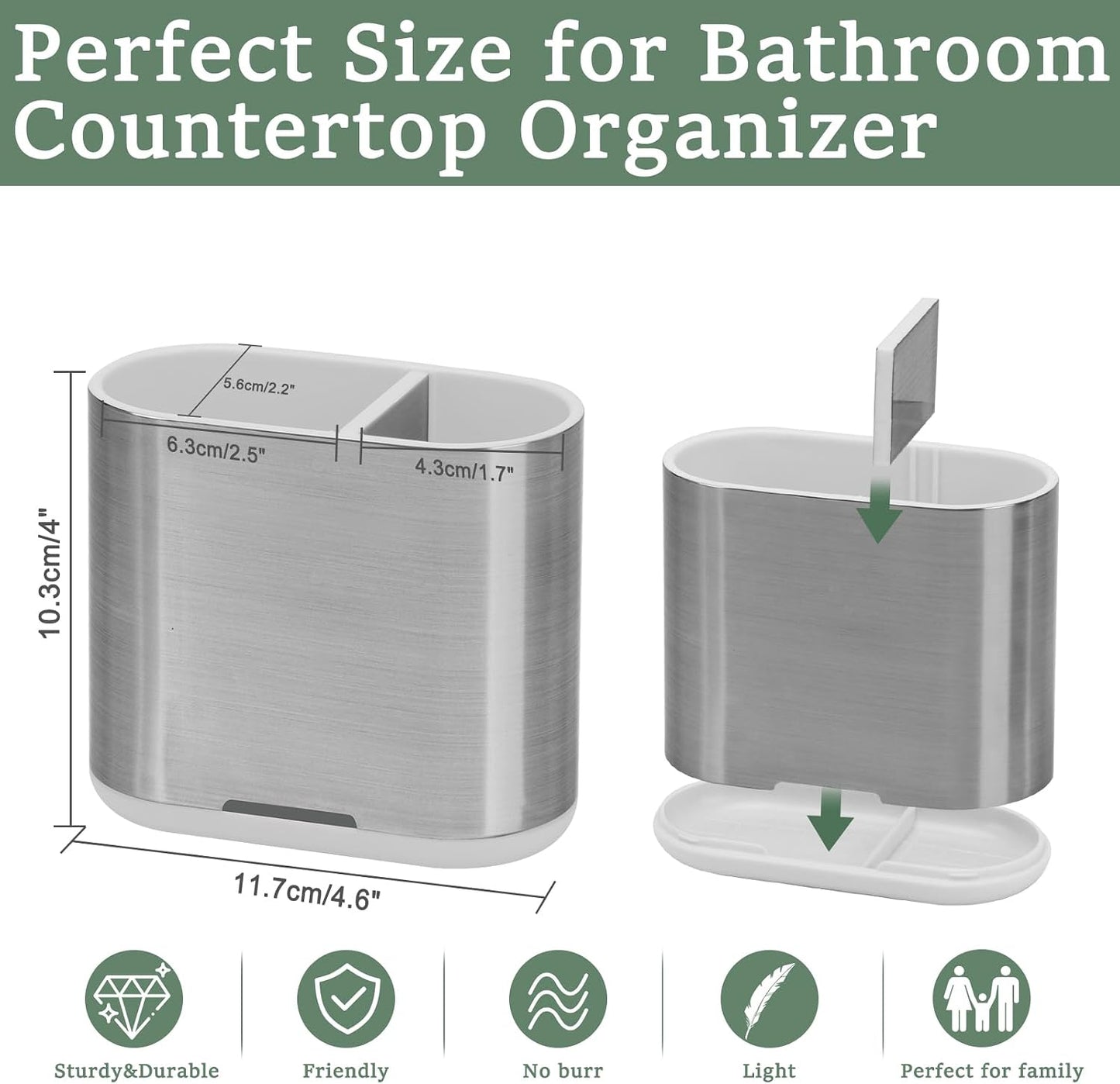 Bamboo Toothbrush Holder for Bathrooms Toothpaste Organizer, Small, White | 2 Slots, Easy to Clean, Plastic, Kids Electric Toothbrush, Drainage, Removable, For Bathroom, Vanity, Kitchen Sink, Office