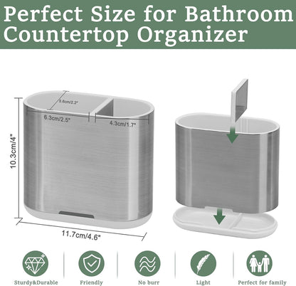Bamboo Toothbrush Holder for Bathrooms Toothpaste Organizer, Small, White | 2 Slots, Easy to Clean, Plastic, Kids Electric Toothbrush, Drainage, Removable, For Bathroom, Vanity, Kitchen Sink, Office