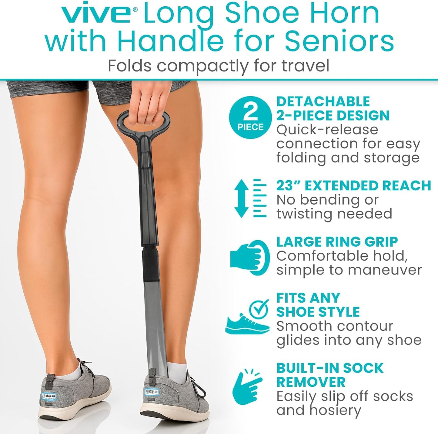 Vive Long Shoehorn for Seniors with Handle 23" | Sock Remover, Long Handled for Men & Women, Boot Shoe Helper and Sock Aid, Extra Reach, Patent-Pending Foldable