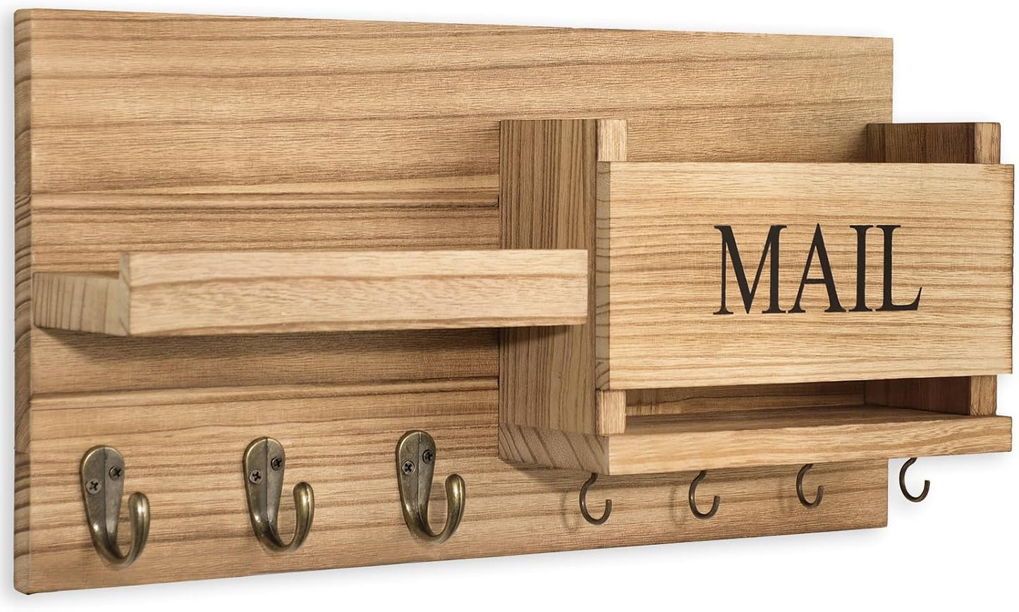 Lwenki Mail Organizer for Wall Mount – Key Holder with Shelf Includes Letter Holder and Hooks for Hallway Farmhouse Decor – Rustic Wood with Flush Mounting Hardware (16.5” x 9.1” x 3.4”) (White)