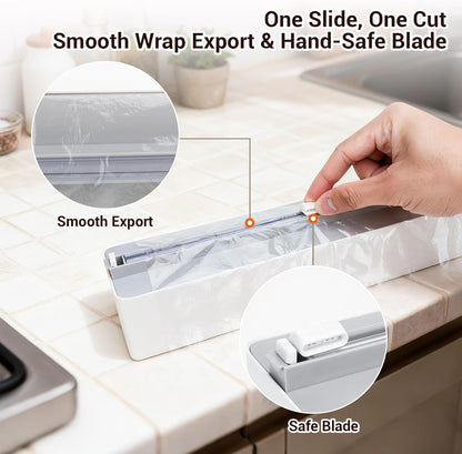 Plastic Wrap Dispenser with Cutter - Magnetic Plastic Wrap Dispenser for Kitchen & Home, Refillable Food Cling Wrap Holder, Easy to Attach to Refrigerator, Fits 12" Rolls, Smooth Cutting Design