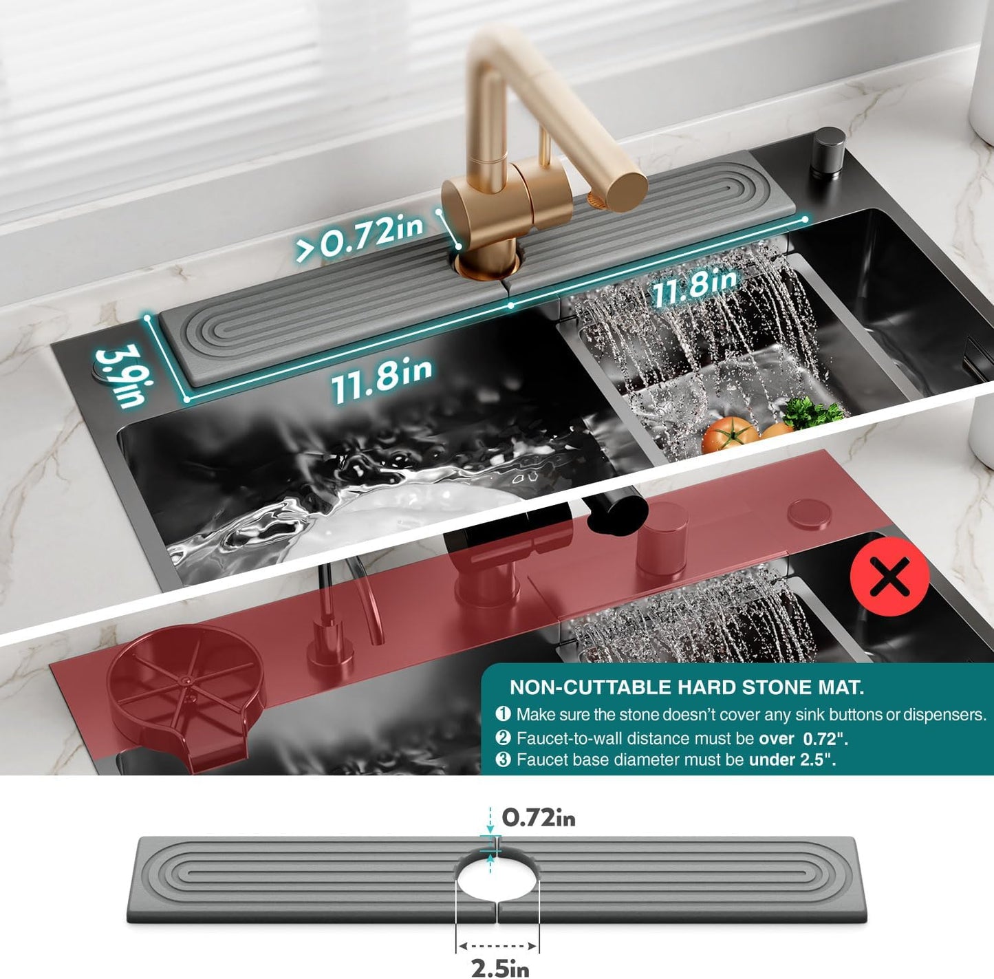 Stone Faucet Mat for Kitchen Sink – Diatomite Drying Stone Mat & Sink Protector, Prevents Moisture – Sink Splash Guard Water-Absorbing Stone Tray for Bathroom Counter (Light Grey, 20" x 3.9")