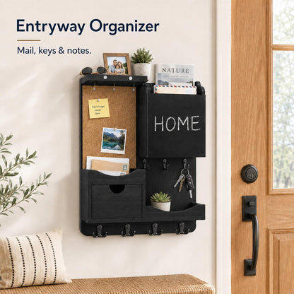Key Holder for Wall Mount with Shelf and Mail Organizer, Key and Mail Holder with 16 Hooks, Farmhouse Entryway Organizer, Home Decor Rack (Pine Wood, White Washed)