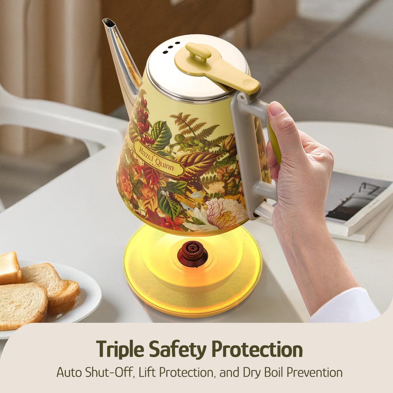 Hazel Quinn Electric Kettle, 1L/34oz Small Tea Kettle - Pearl White | 800W Fast Boil, 304 Stainless Steel Interior, Double-Wall Cool Touch, Gooseneck Spout, Auto Shut-Off, BPA-Free Cordless Home