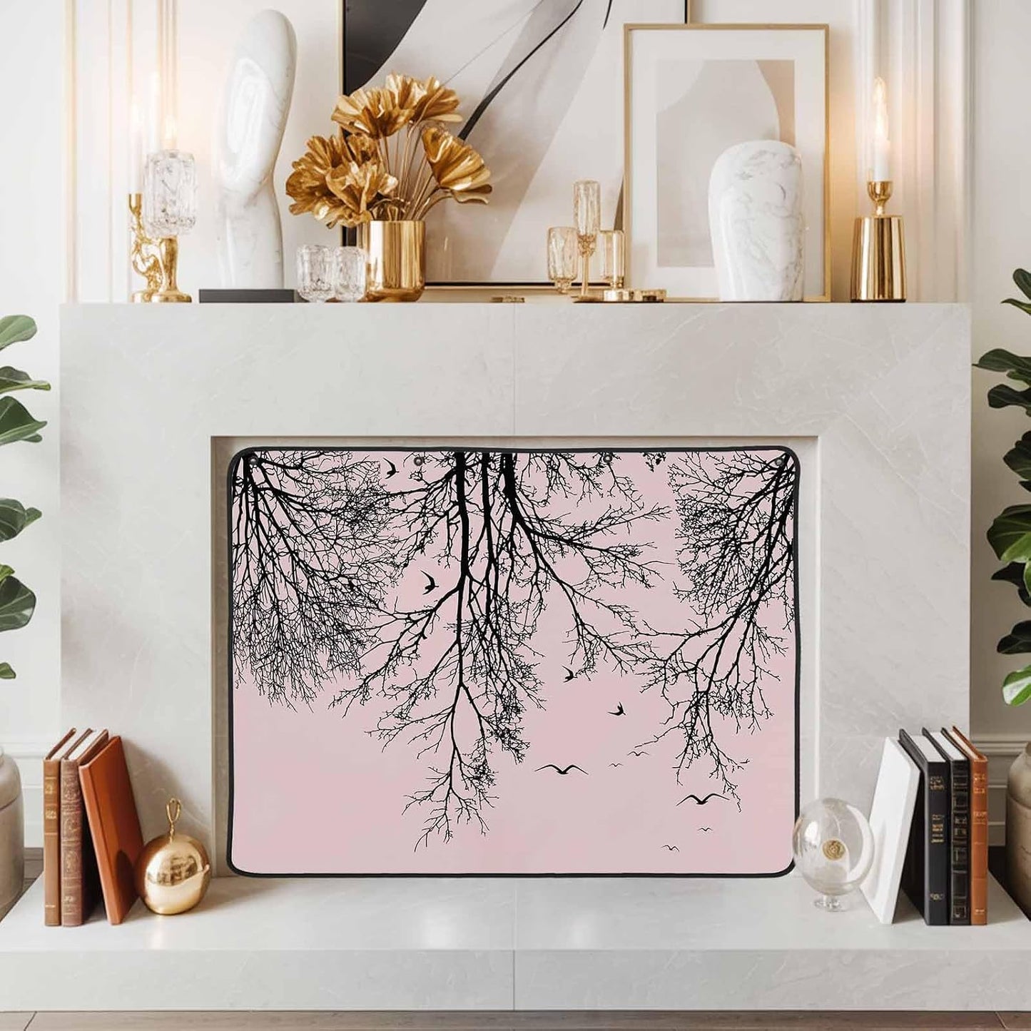 Magnetic Fireplace Cover Tree Branches Bird Fireplace Screen Decorative Brown Black Twigs Deadwood Insulation Fireplace Blocker Save Energy Fireplace Draft Stopper Covers for Living Room 45x34 Inch