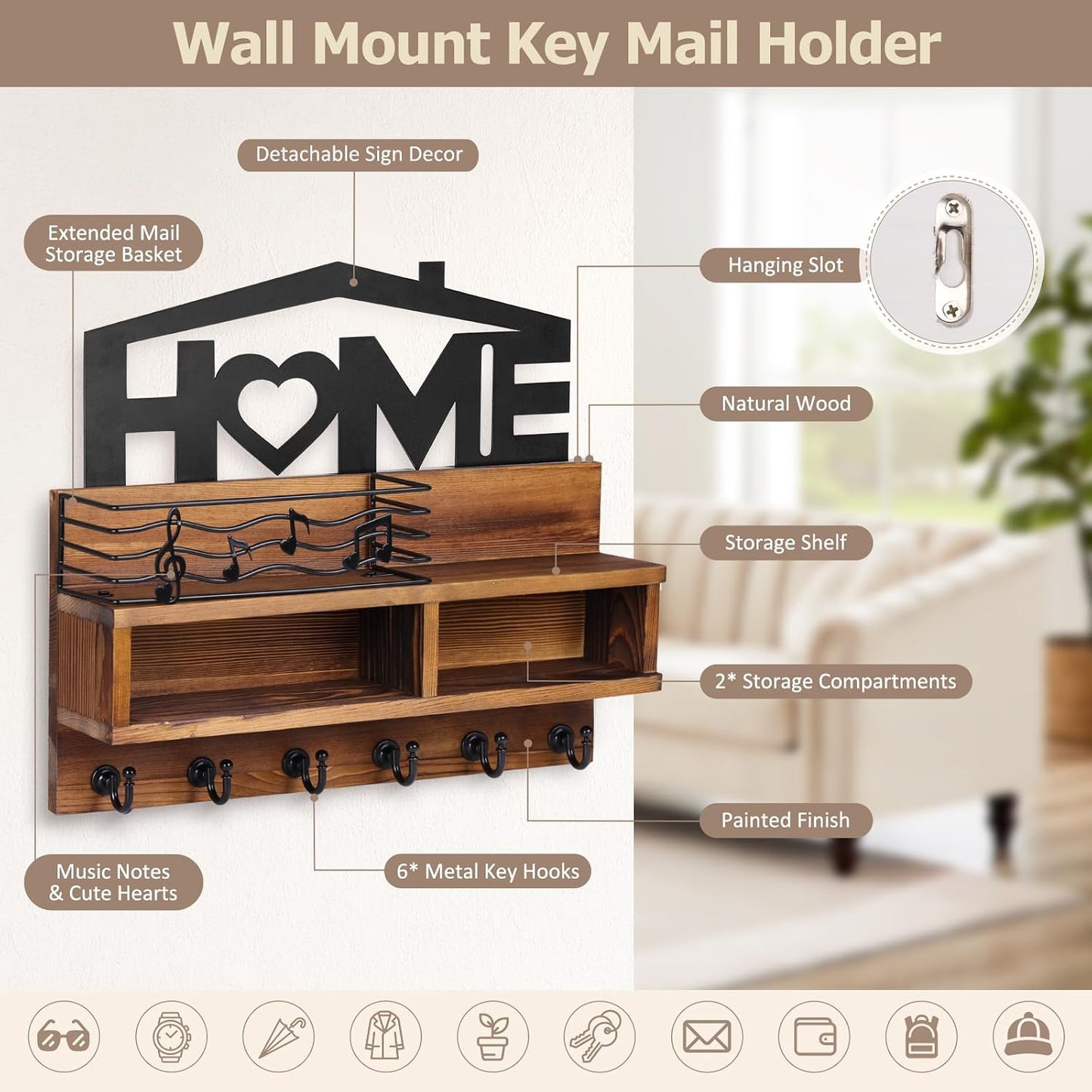 VIS'V Key Holder Wall Mount, Decorative Wood Mail and Key Organizer, White | Contains Iron Storage Basket, Small Shelf, 2 Compartments, 6 Hooks, for Entryway, Hallway, Doorway, Kitchen, Garage, RV
