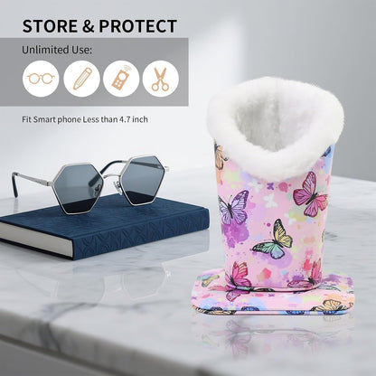 Plush Lined Eyeglasses Holder, Cute Magnetic PU Leather Glasses Stand Case for Women Men Kids