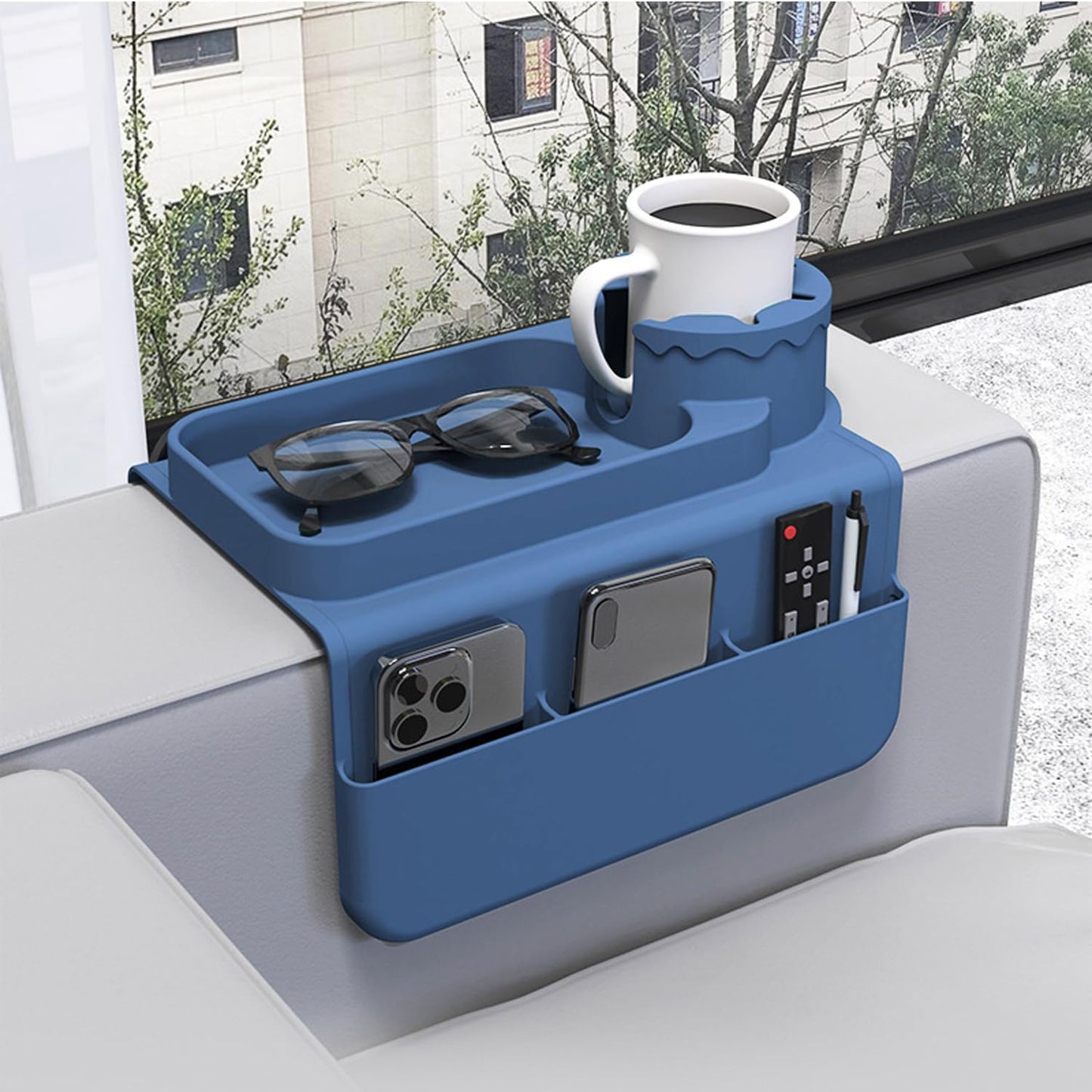 Sofa Cup Holder,Armrest Tray - Multifunctional Silicone Drink Organizer, Anti-Spill & Anti-Slip, Large Armrest Tray with Built-in Beverage Holder,Side Pockets,Blue