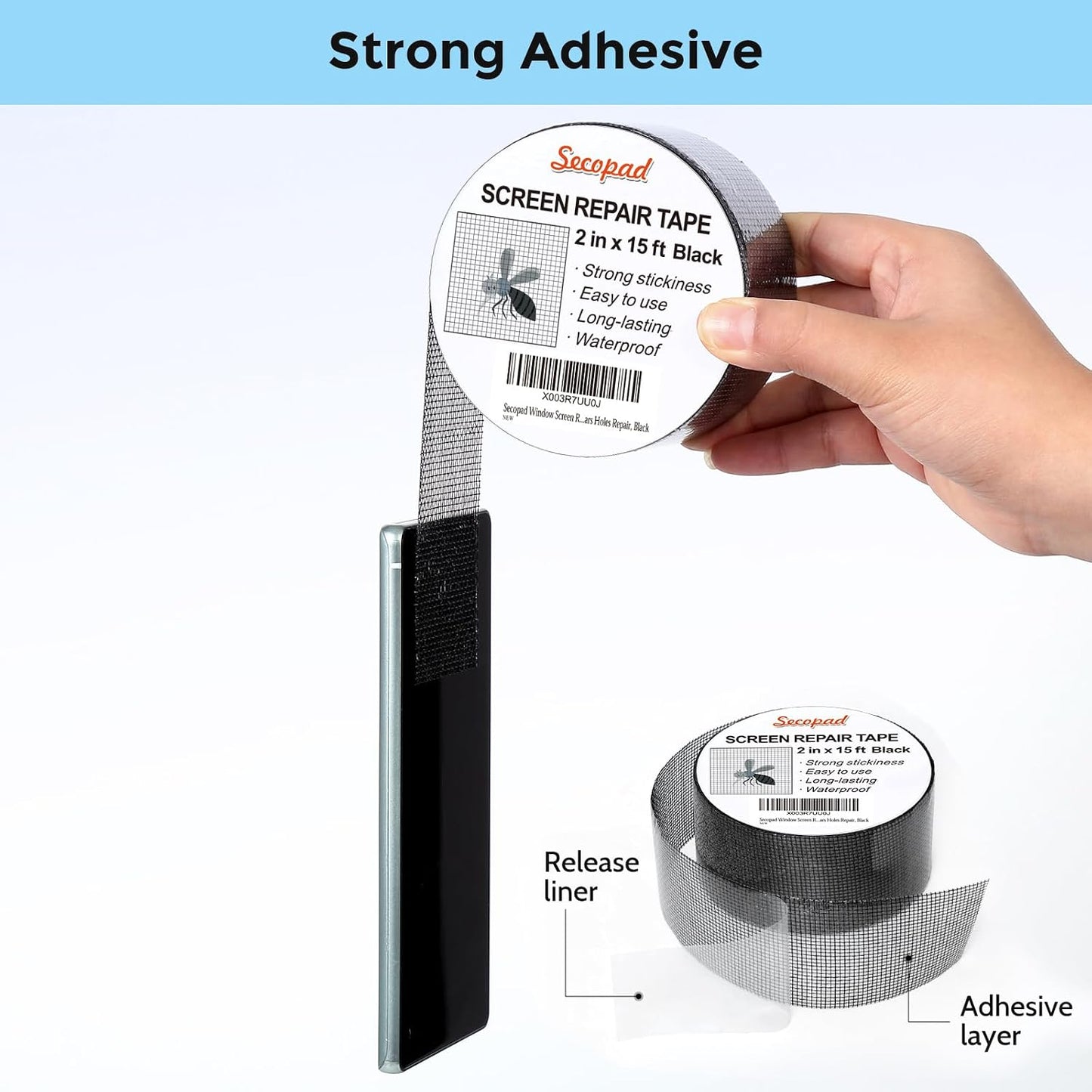 Secopad 2" x 180" (15FT) Screen Repair Tape, Screen Repair Kit, Black | Window Screen Patch, Quick Repair, Strong Adhesive, Easy to Use, For Mesh Window & Door, Cuttable Fiberglass, No Tools Needed