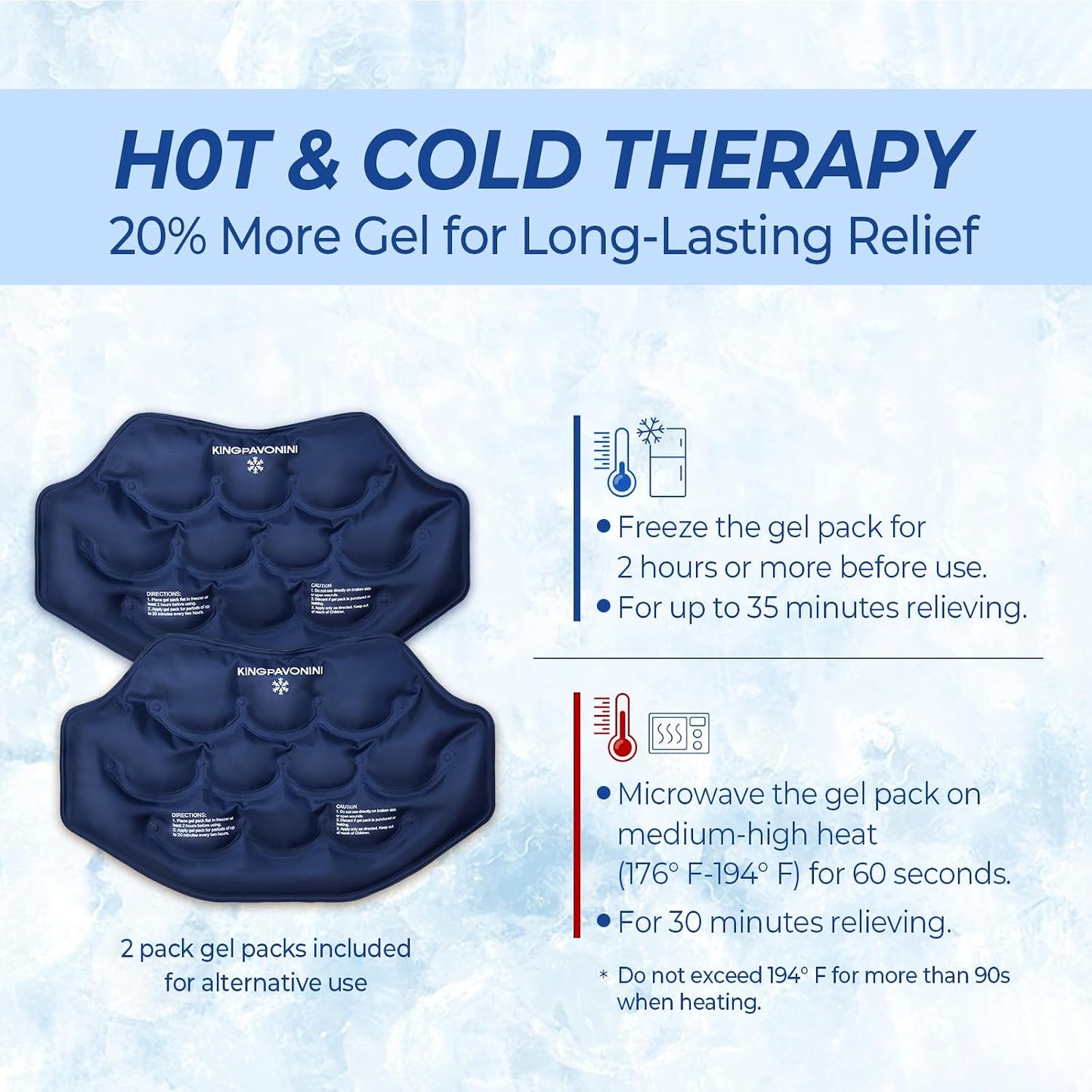 KingPavonini Extra Large Ice Pack for Back Pain Relief, 2 Gel Packs, Blue | 35-Min Long-Lasting & Instant Pain Relief, Leakproof Back Ice Pack, Extension Strap, Hot Cold Therapy, Skin-Safe Lycra Fabric