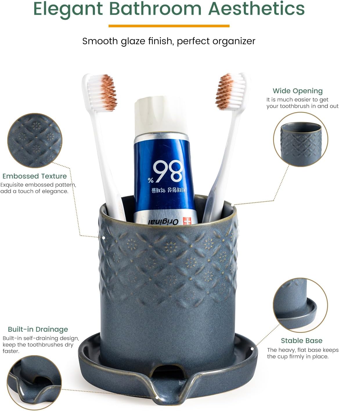 Zoeeker Toothbrush Holder with Drainage, Ceramic Toothbrush Holders Set | Electric Toothbrush & Toothpaste Holder for Bathrooms Self-draining Tooth Brush Cup Countertop Organizers for Family, Yellow
