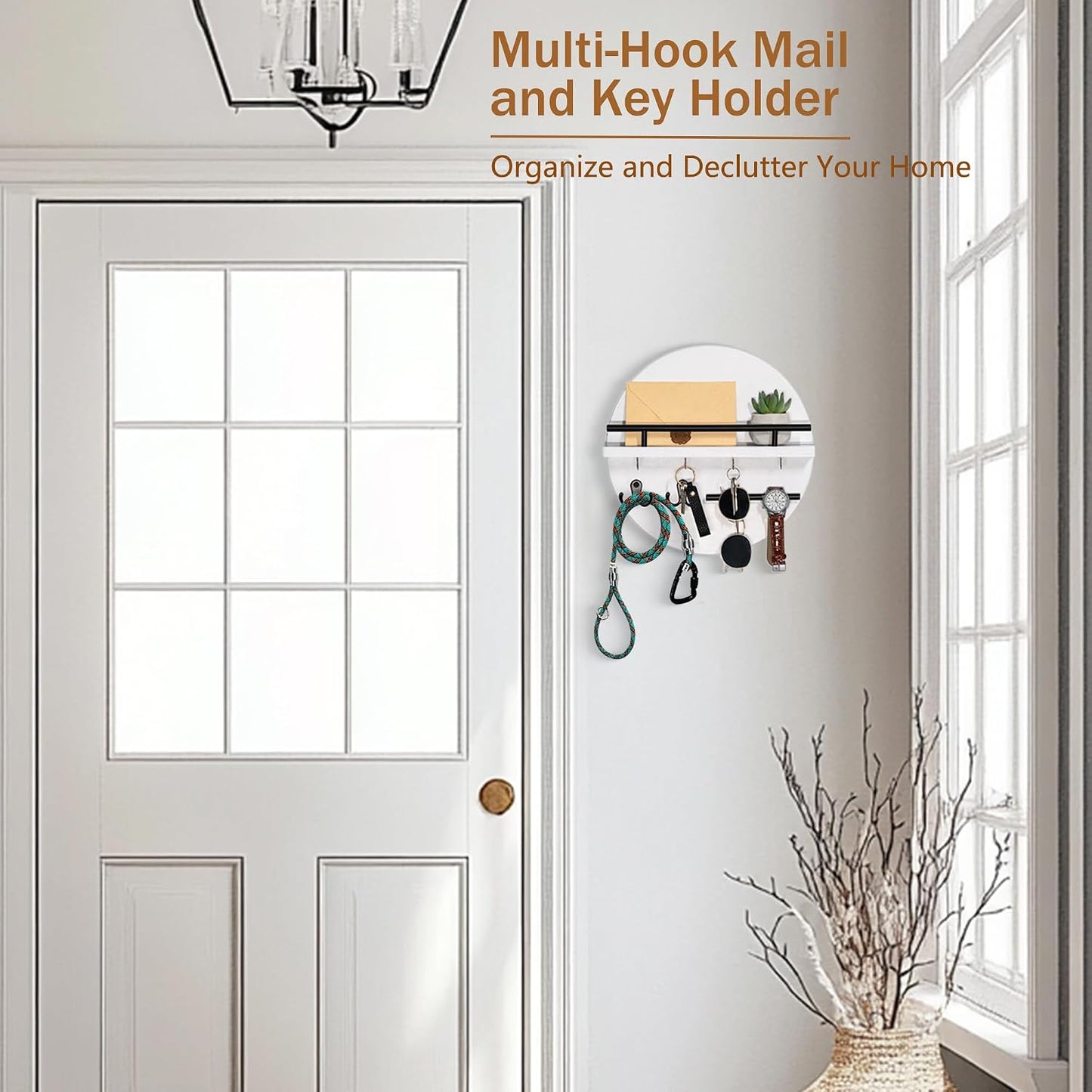 Key Holder for Wall Decorative with Shelf and Hooks, Mail Organizer Wall Mount with Sunglasses Holder, Circular Design Entryway Key Rack Hanger, Rustic Home Decor Boho Wall Decor (White)
