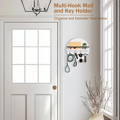 Key Holder for Wall Decorative with Shelf and Hooks, Mail Organizer Wall Mount with Sunglasses Holder, Circular Design Entryway Key Rack Hanger, Rustic Home Decor Boho Wall Decor (White)