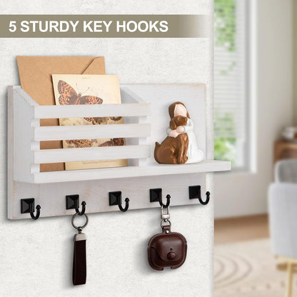 Key Holder Wall Mount, Mail Organizer for Wall with 5 Square Key Hooks | Key Holder for Wall, Key Holder with Shelf Farmhouse Home Decor for Home Entryway