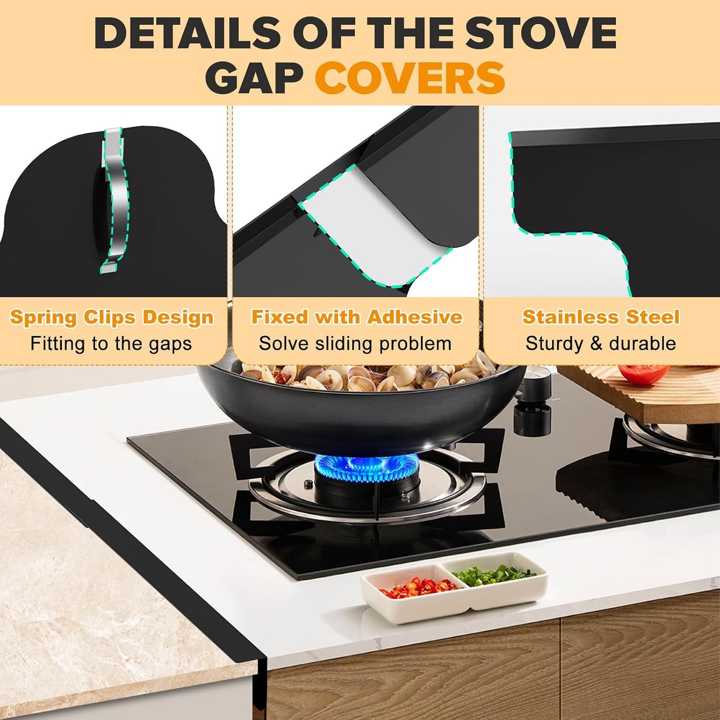 Stove Gap Covers, 2 Pack Stainless Steel Stove Gap Filler Black | Heat Resistant Oven Gap Filler Adjustable Length Range Trim Kit Non-Slip Stove Guard Between Stove Top & Counter