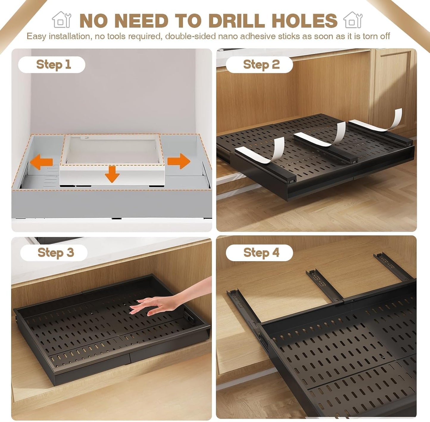 Seinloes Pull Out Cabinet Organizer, 4-Side Expandable to Fit Most Cabinets, 3 Rail Slide Out Drawers with Raising Pad for Framed & Frameless Cabinets, 13"-21" W x 17"-24" D, White, 2 Pack