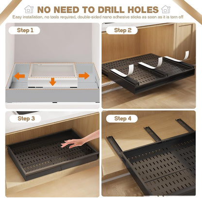 Seinloes Pull Out Cabinet Organizer, 4-Side Expandable to Fit Most Cabinets, 3 Rail Slide Out Drawers with Raising Pad for Framed & Frameless Cabinets, 13"-21" W x 17"-24" D, White, 2 Pack