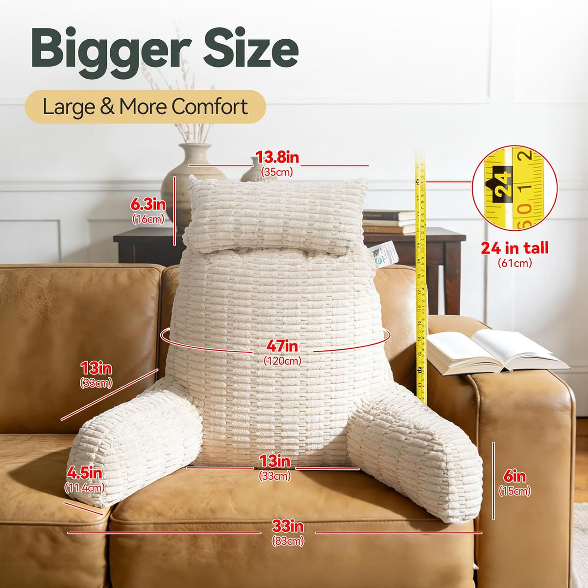 21" Higher Large Reading Pillow for Bed Adult, Back Pillow for Bed Sitting Up with Memory Foam Back Support with Arms Rest for Couch Chair Gray