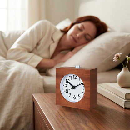 Wooden Analog Alarm Clock Silent Battery Operated with Night Light