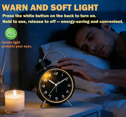 4.5" Metal Loud Alarm Clock for Heavy Sleepers Adults, Analog Battery Operated Alarm Clock with Bells Glow in Dark Numbers, Silent Old School Bedside Desk Clock for Bedroom Office Kids, Black