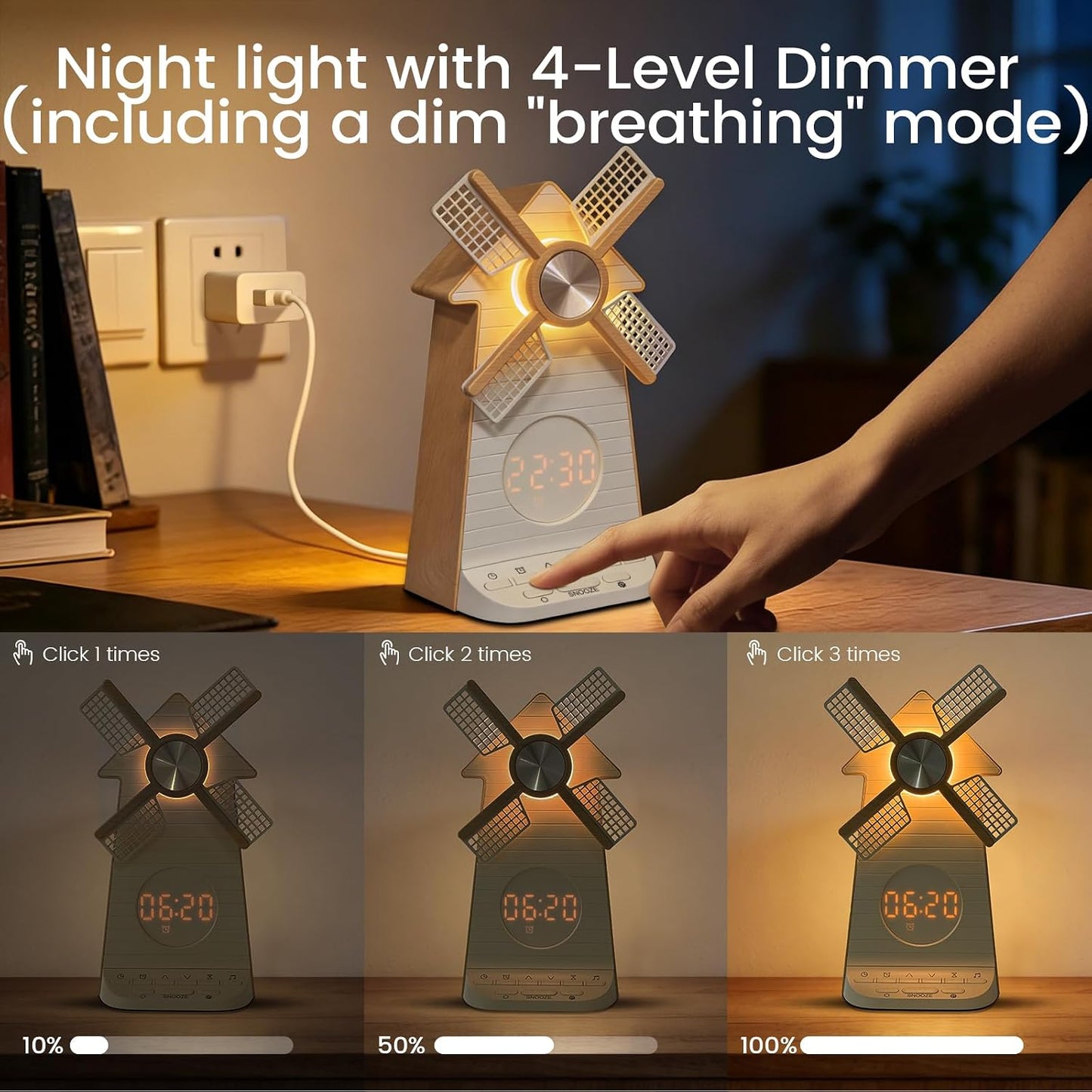 Sunrise Alarm Clock Rotating Windmill, White Noise Sleep Aid Gift | 20 Soothing Sounds, Easy Snooze Wake Up Light, 4-Level Dimmer Bedside Night Light, 30/60/90min Timer, Bedroom for Adults/Kids