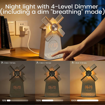 Sunrise Alarm Clock Rotating Windmill, White Noise Sleep Aid Gift | 20 Soothing Sounds, Easy Snooze Wake Up Light, 4-Level Dimmer Bedside Night Light, 30/60/90min Timer, Bedroom for Adults/Kids