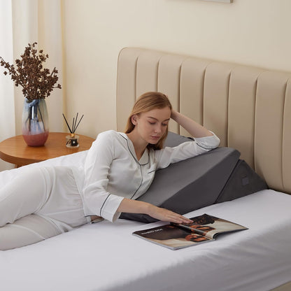 Bedluxe Wedge Pillow Headboard, 3PCS Orthopedic Bed Wedge Pillows Set for After Surgery, Adjustable Pillow Wedge for Acid Reflux&Back Pain Relief, Sleeping, Back Pillow for Bed Sitting Up, White/Grey