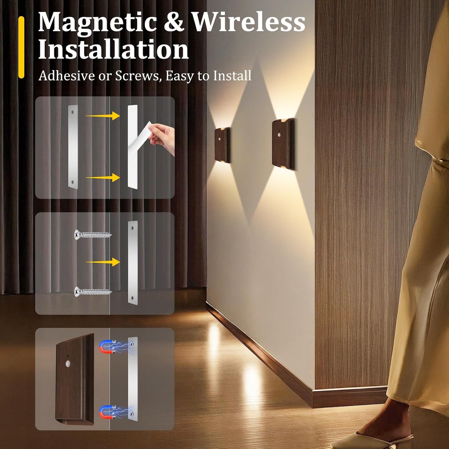 Eneru Motion Sensor Wall Sconce, Rechargeable Wireless Lights Indoor 2 Pack | 5000mAh battery powered, remote 3CCT dimmable, cordless magnetic mount, motion night light for hallway closet bathroom stair