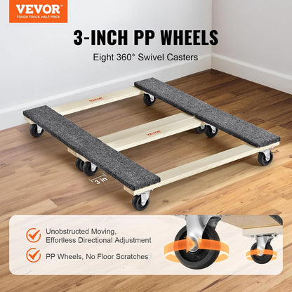 VEVOR Furniture Dolly, 4 Pack 6-Inch Steel Tri-Dolly with 360° PP Swivel Wheels and Non-Slip Cap, 3 Wheels Furniture Lift Mover Tool Set for Moving Heavy Furniture Refrigerator Sofa