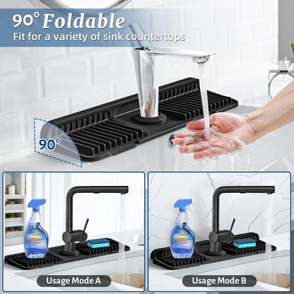 PoYang 24 Inch Faucet Mat for Kitchen Sink Splash Guard, Silicone, Black | Sink Protectors with 7° Slope for Smooth Drainage, Snap Button Holds It in Place, 90° Foldable & Cuttable Hole Fit Most Sinks