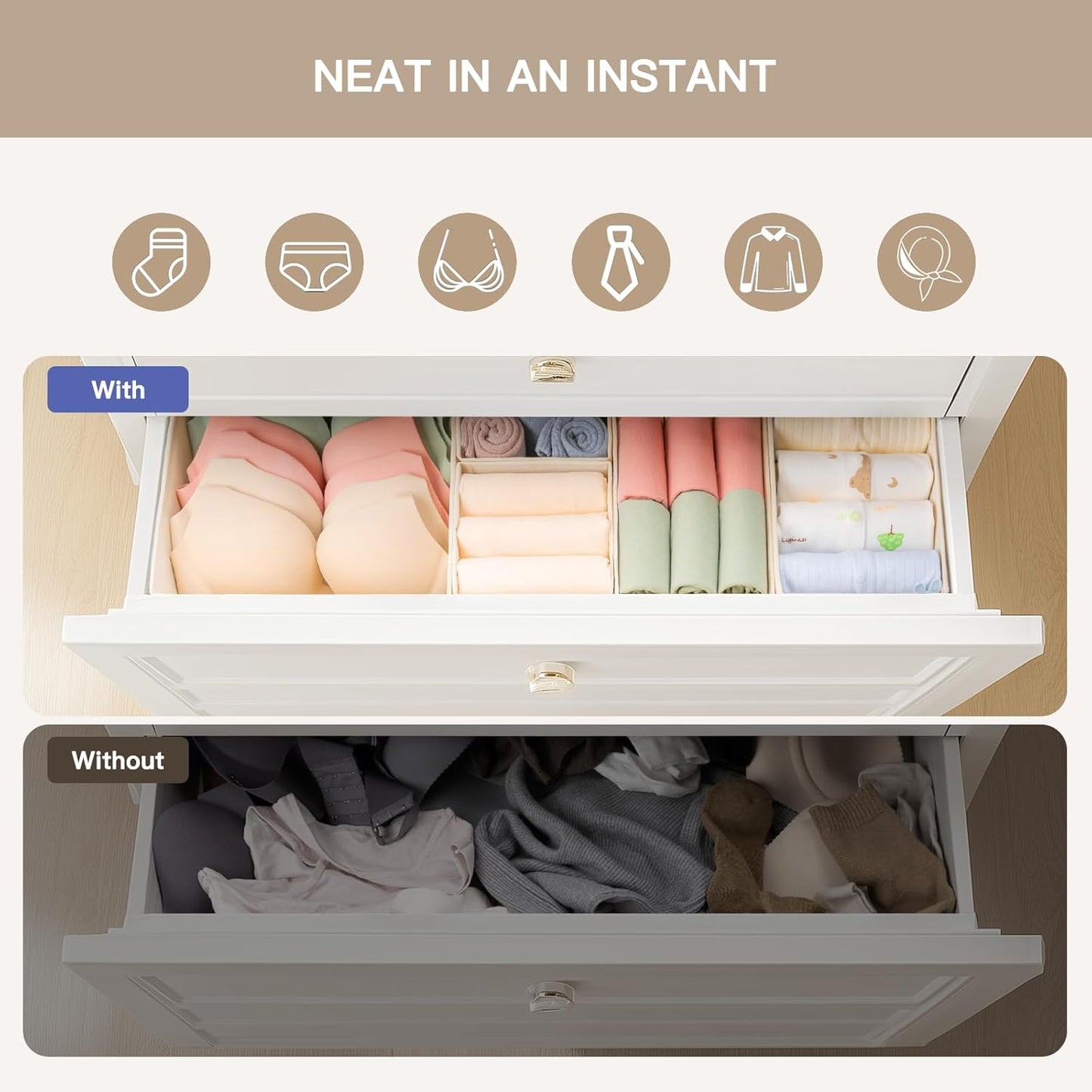Drawer Organizer Clothes, 10 Pack Dresser Organizer for Baby Clothes, Underwear, Sock- Foldable Closet Organization and Storage Dividers Bins for Nursery, Bedroom (Beige)