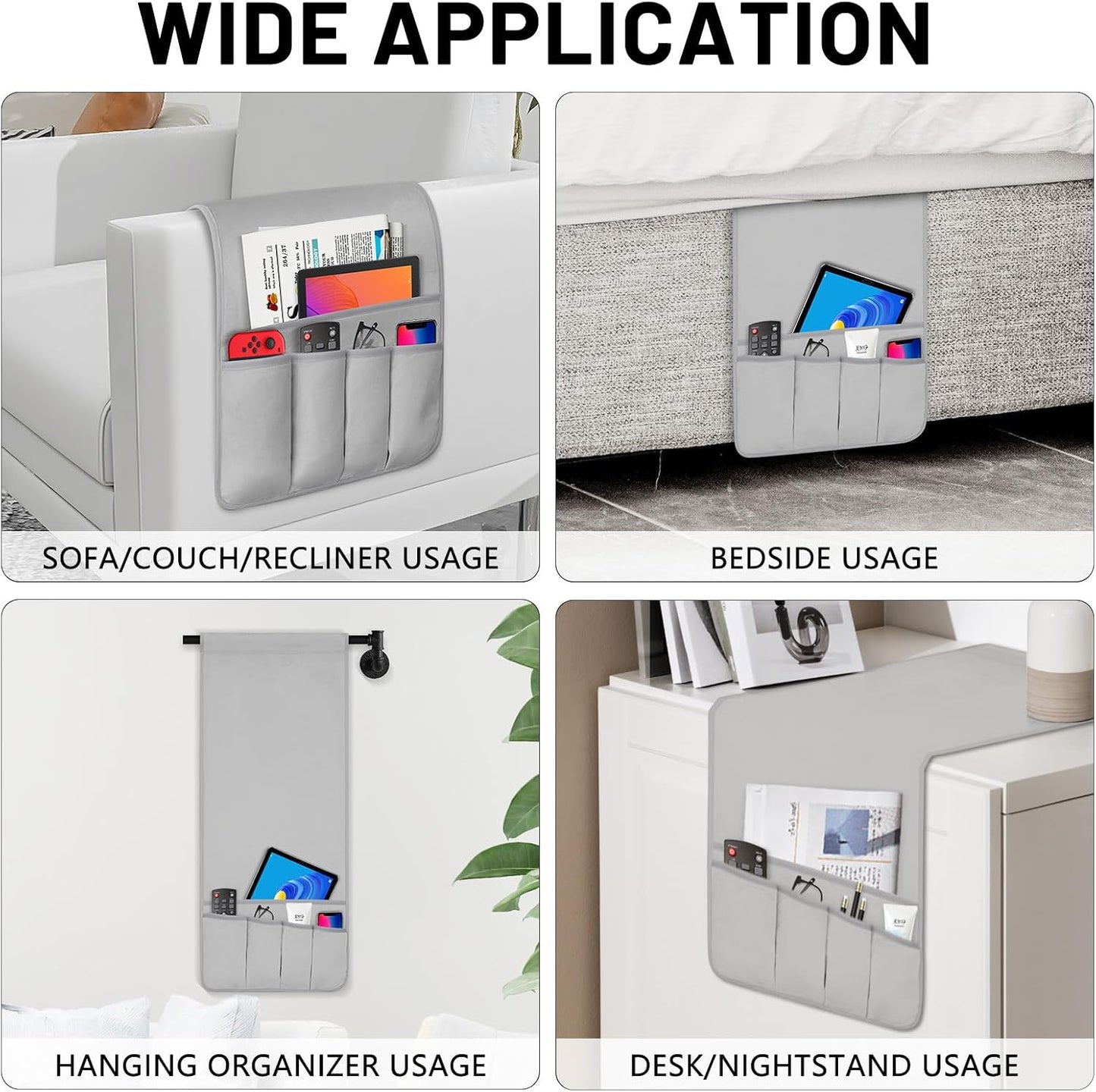 Remote Control Holder for Armchair Caddy, Remote Holder with 5 Pockets | Couch TV Remote Holder with Non-Slip Base, Bedside Caddy Organizer for Key Glasses Phone Magazine (Blue, 35"x12.4")