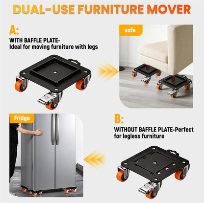 Furniture Dolly with Wheels, Heavy Duty Carbon Steel Furniture Lifter Tool | Anti-Tip Design with Dual-Brake 360° Rotatable Silent Rubber Casters, Max Load 3000LBS