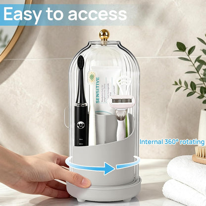 Toothbrush Holders with Cover Toothpaste Organizer for Bathroom, White | 360° Rotating, Dustproof Sliding Lid, Drainage Holes, Waterproof, for Kids Electric Toothbrush Makeup Brush Storage