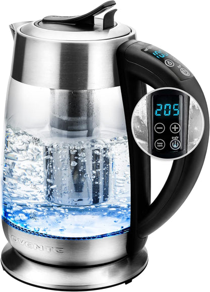 OVENTE 1.8L Glass Electric Kettle with Tea Infuser, Silver KGD752S | 1500W Fast Boiling, Easy Fill Lid, 7 Temperature Control, Keep Warm, Digital Display, Auto Shut-Off, Boil-Dry Protection