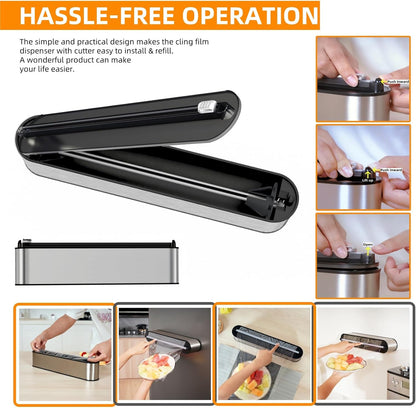 Aluminum Foil & Plastic Wrap Dispenser with Cutter - Magnetic & No-Drill Wall Mount, Stainless Steel Design, Space-Saving Kitchen organizer for Countertops & Cabinets - Fits 12" Rolls, Silver