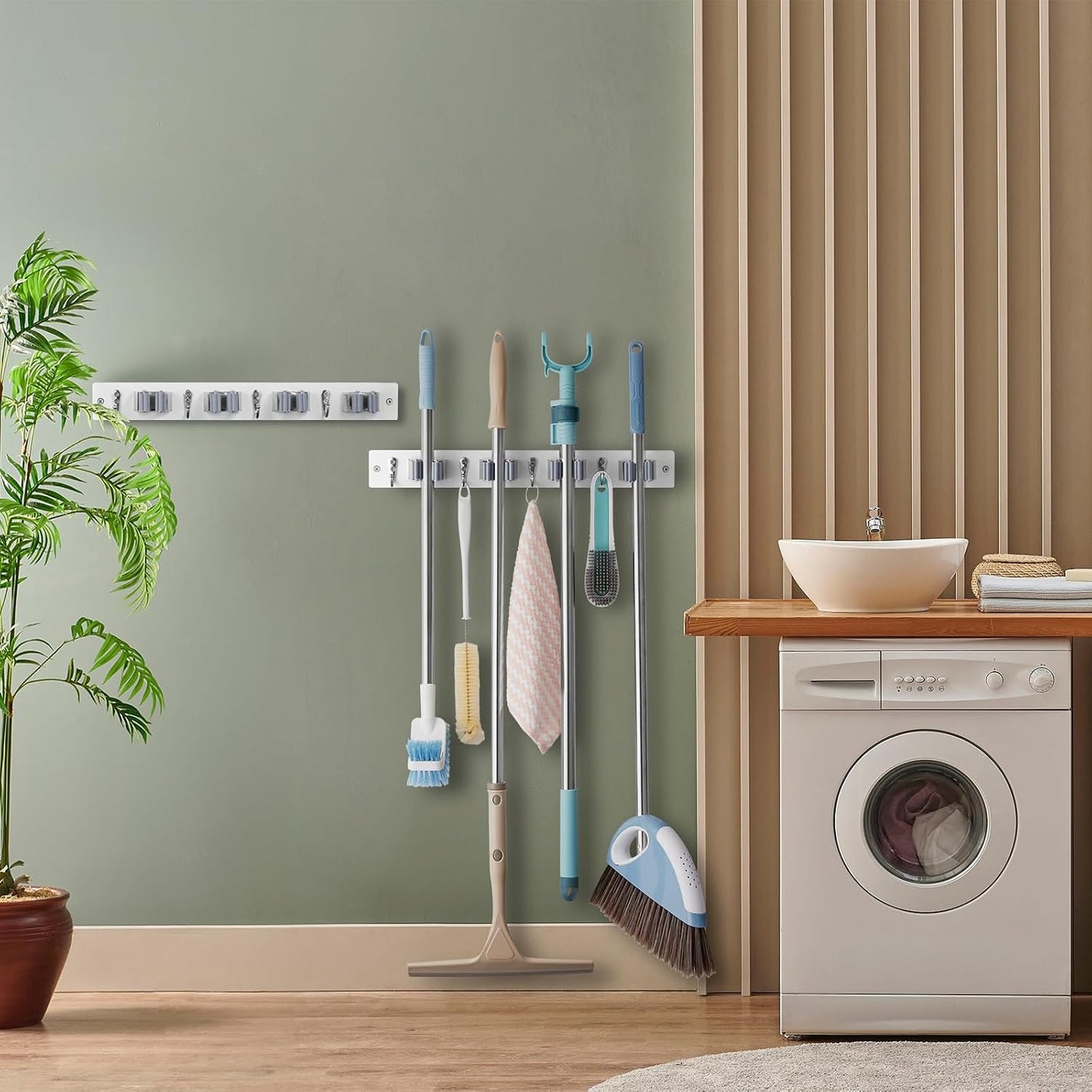OUTNILI Mop and Broom Holder Wall Mount - Wood Broom Mop Hanger - Wall Mounted Garden Tool Rack Organizer for Closet Garage Laundry Room, Rustic Kitchen Decor With 4 Slots & 4 Hooks
