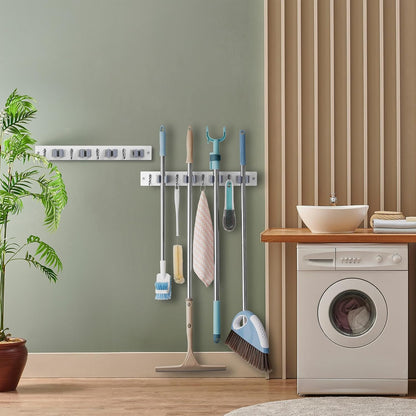 OUTNILI Mop and Broom Holder Wall Mount - Wood Broom Mop Hanger - Wall Mounted Garden Tool Rack Organizer for Closet Garage Laundry Room, Rustic Kitchen Decor With 4 Slots & 4 Hooks