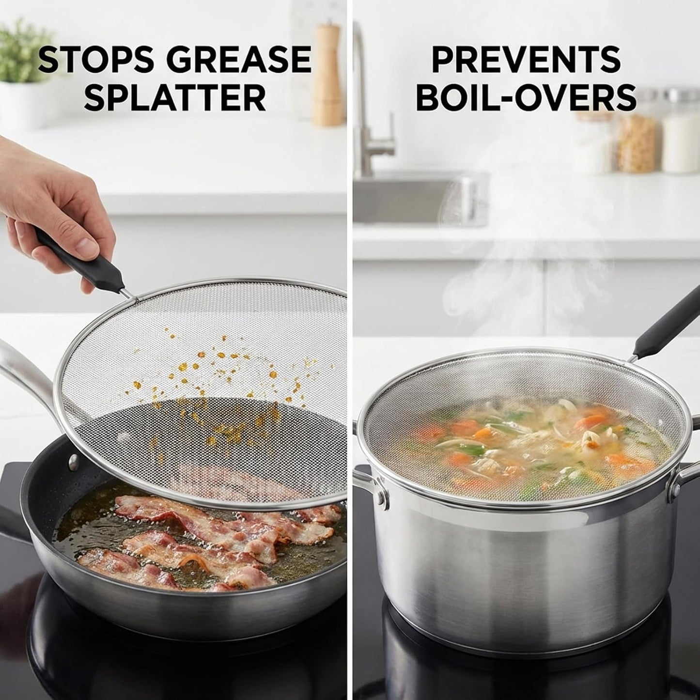 Grease Splatter Guard, Splatter Screen for Frying Pan, 11.4 Inch Grease Guard with Fine Mesh & Long Handle, Oil Cover for Stovetop Cooking, Frying, Sautéing