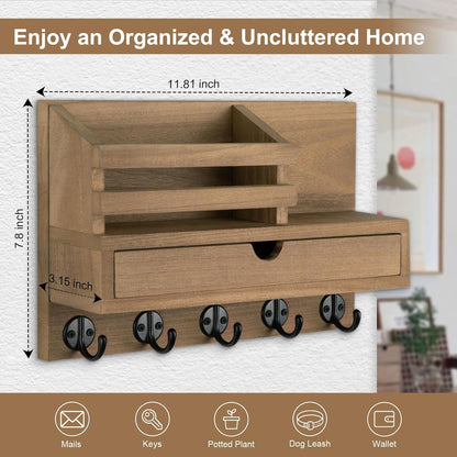 Key Holder Wall Mount, Mail Holder with Storage Drawer | Key and Mail Holder with 5 Key Hooks for Coat, Dog Leash, Home Decor Rack, House Accessories, Entry Way Organizer